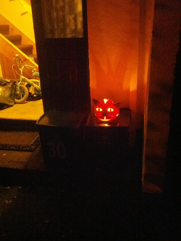 A pumpkin carved as a cat's face, sitting lit from within outside the front door of our house.