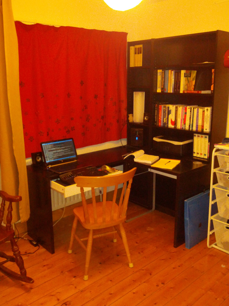 A corner workspace with bookshelves.